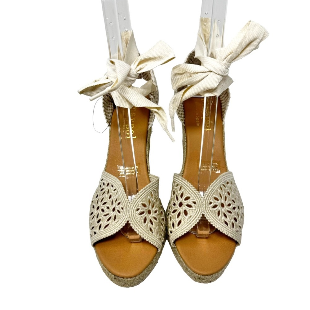 Maypol NEW Crochet Espadrille Wedge Sandals Peep Toe Ankle Wrap Cream Size 41 - Picture 7 of 13